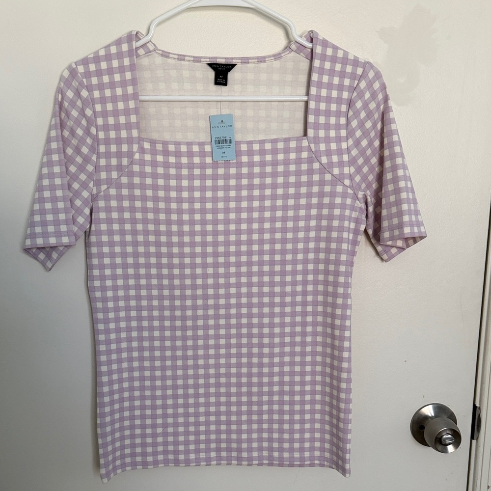 Ann Taylor Lavender Checkered Short Sleeve Top